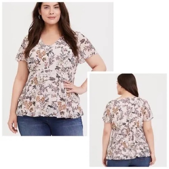 torrid Tops - Torrid Blush Pink Floral Chiffon Tiered Babydoll Blouse